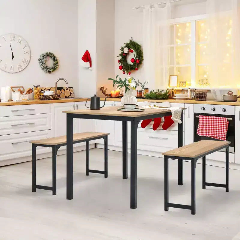 Costway Modern 3 PCS Dining Table Bench Set w/ Metal Frame & Wooden Tabletop