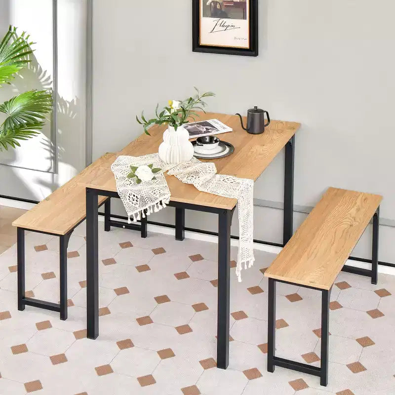 Costway Modern 3 PCS Dining Table Bench Set w/ Metal Frame & Wooden Tabletop