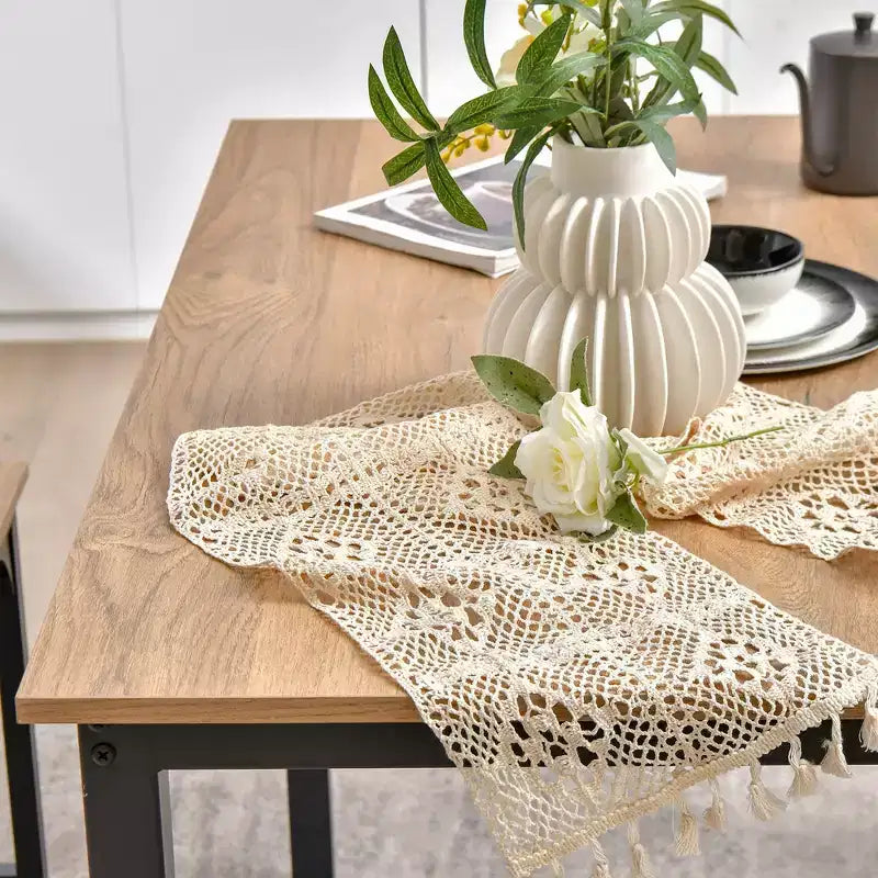 Costway Modern 3 PCS Dining Table Bench Set w/ Metal Frame & Wooden Tabletop