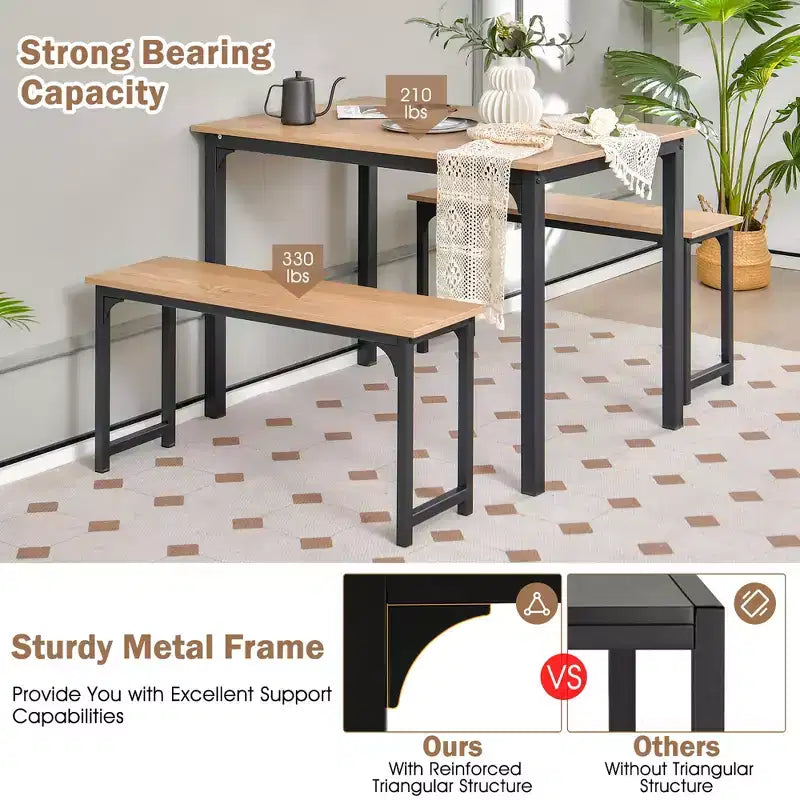 Costway Modern 3 PCS Dining Table Bench Set w/ Metal Frame & Wooden Tabletop