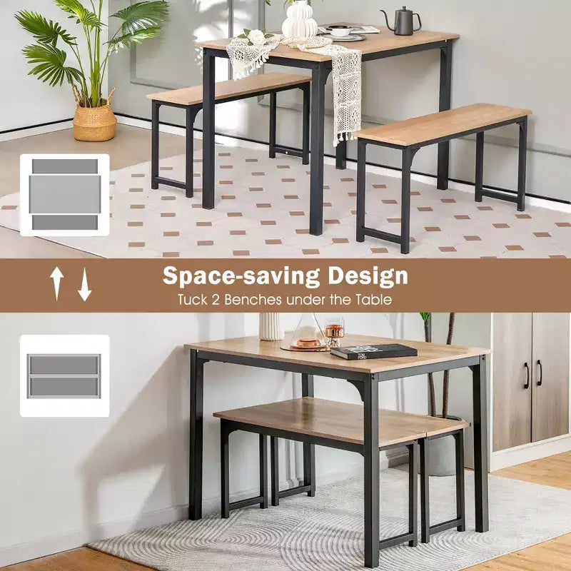 Costway Modern 3 PCS Dining Table Bench Set w/ Metal Frame & Wooden Tabletop
