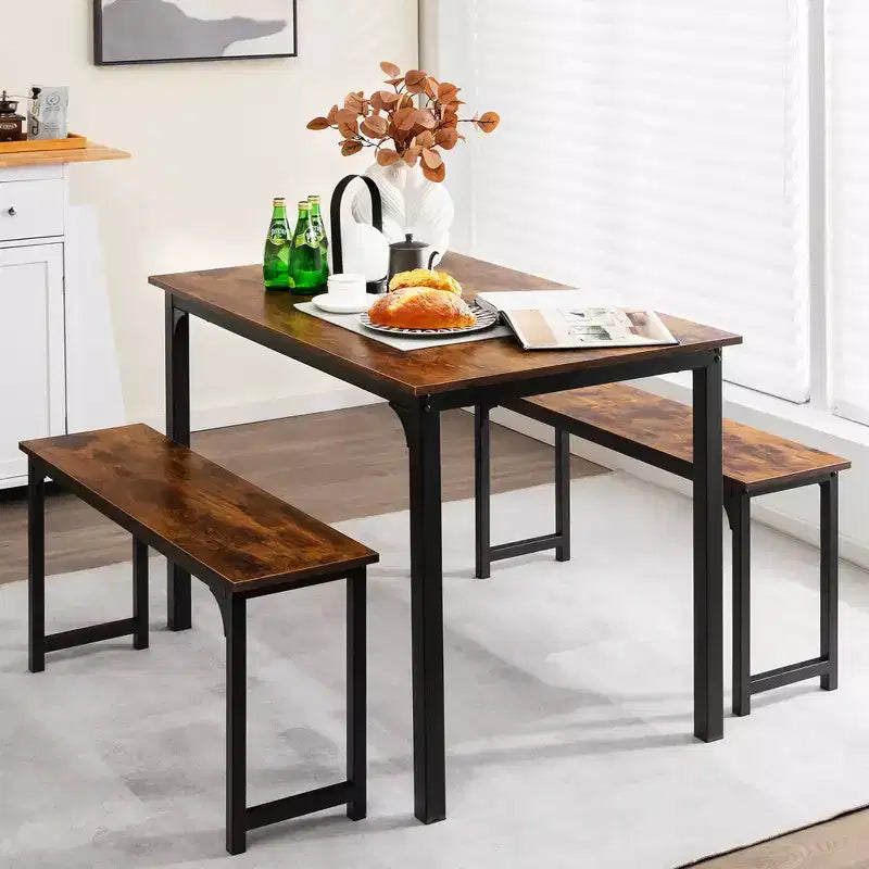 Ensemble table et bancs de salle à manger Costway Modern 3 pièces avec structure en métal et plateau en bois