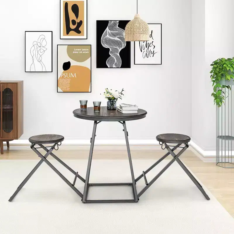 Costway 3-Piece Bar Table Set Round Pub Dining Table & 2 Foldable Stools w/ Metal Frame