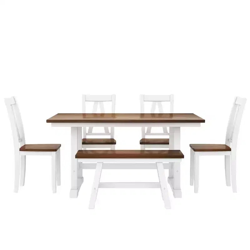 Farmhouse 6-Piece Wood Dining Table Set with Long Bench and 4 Dining Chairs-ModernLuxe