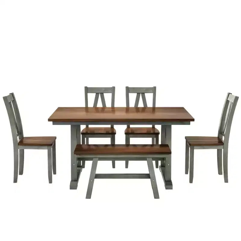 Farmhouse 6-Piece Wood Dining Table Set with Long Bench and 4 Dining Chairs-ModernLuxe