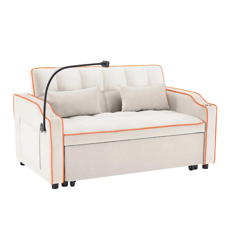 Canapé-lit pliable polyvalent en velours avec dossier réglable, port USB et support de téléphone