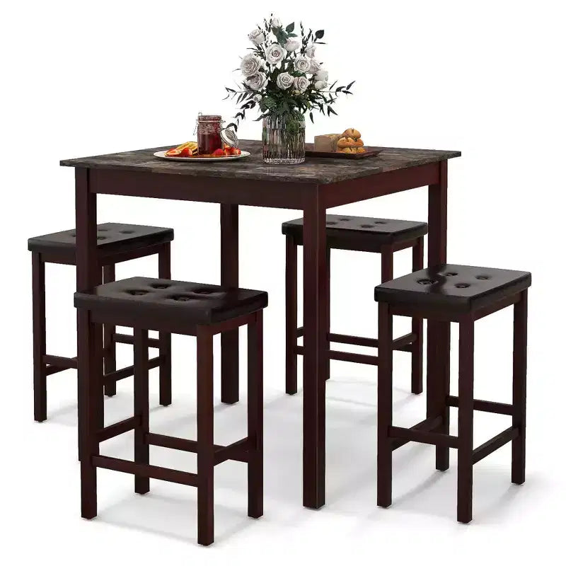 Costway 5 PCS Bar Table Set Square Dining Table & 4 PVC Leather Upholstered Bar Stools Brown/White