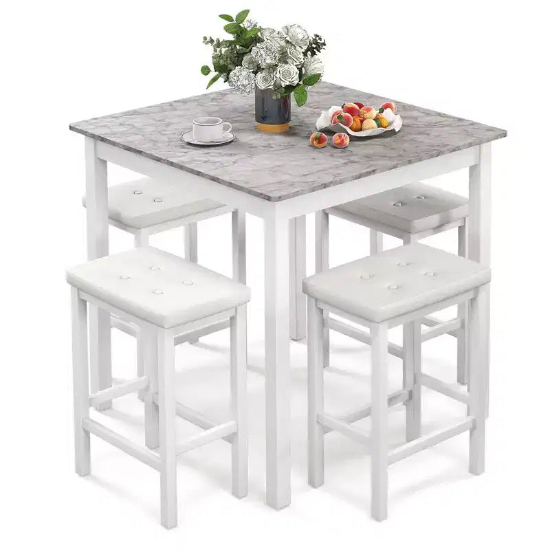 Costway 5 PCS Bar Table Set Square Dining Table & 4 PVC Leather Upholstered Bar Stools Brown/White