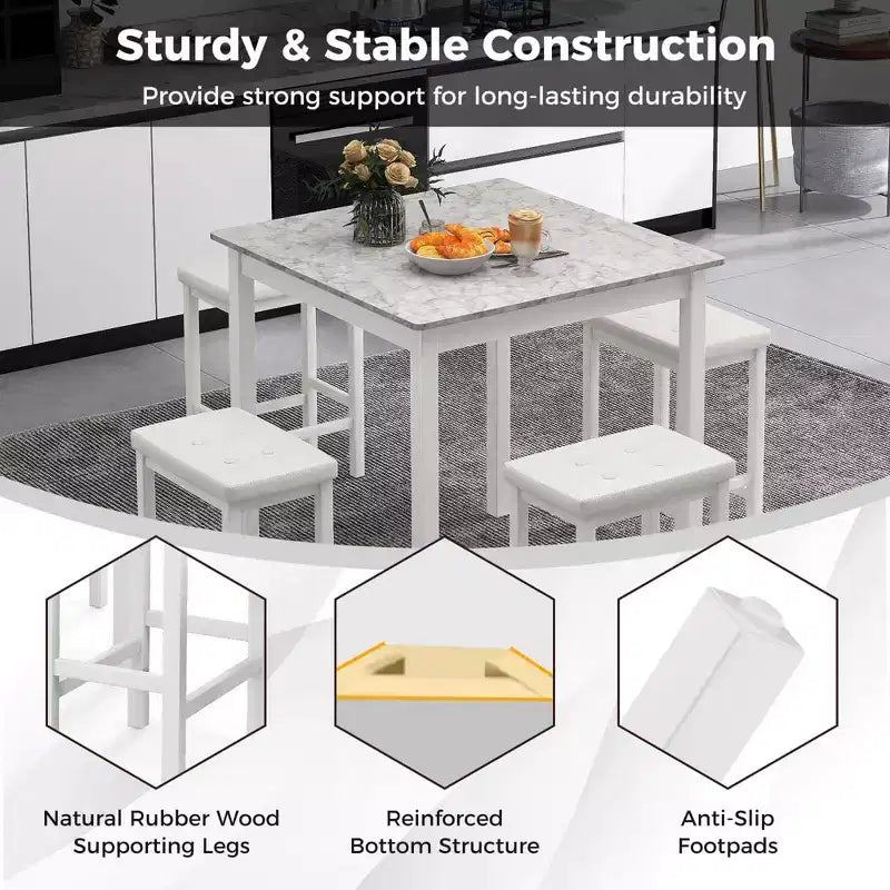 Costway 5 PCS Bar Table Set Square Dining Table & 4 PVC Leather Upholstered Bar Stools Brown/White