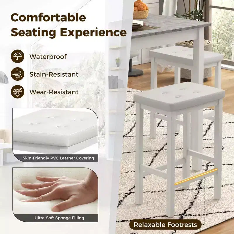Costway 5 PCS Bar Table Set Square Dining Table & 4 PVC Leather Upholstered Bar Stools Brown/White