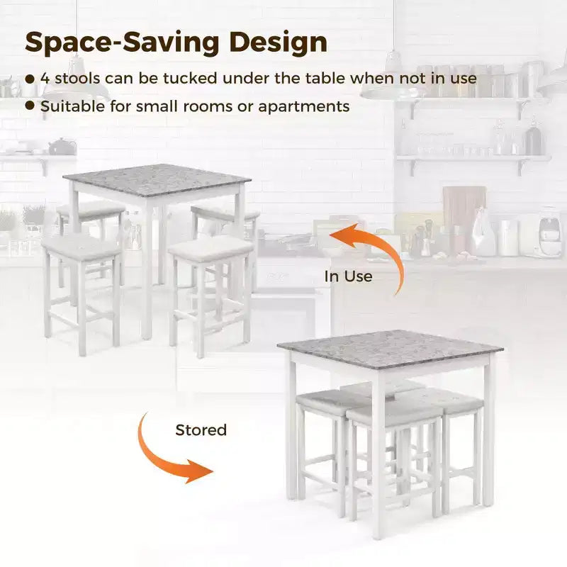Costway 5 PCS Bar Table Set Square Dining Table & 4 PVC Leather Upholstered Bar Stools Brown/White