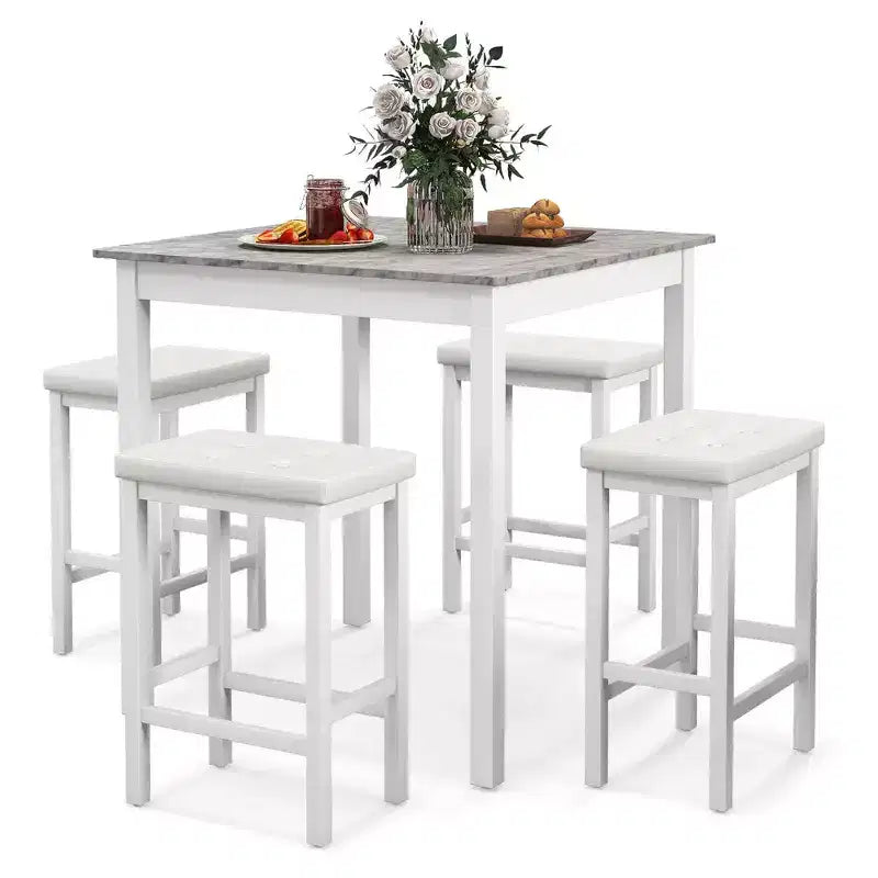 Costway 5 PCS Bar Table Set Square Dining Table & 4 PVC Leather Upholstered Bar Stools Brown/White