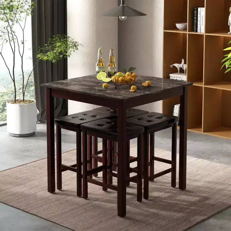 Costway 5 PCS Bar Table Set Square Dining Table & 4 PVC Leather Upholstered Bar Stools Brown/White
