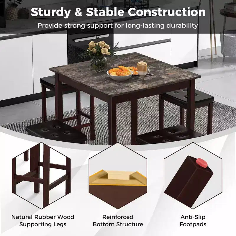 Costway 5 PCS Bar Table Set Square Dining Table & 4 PVC Leather Upholstered Bar Stools Brown/White