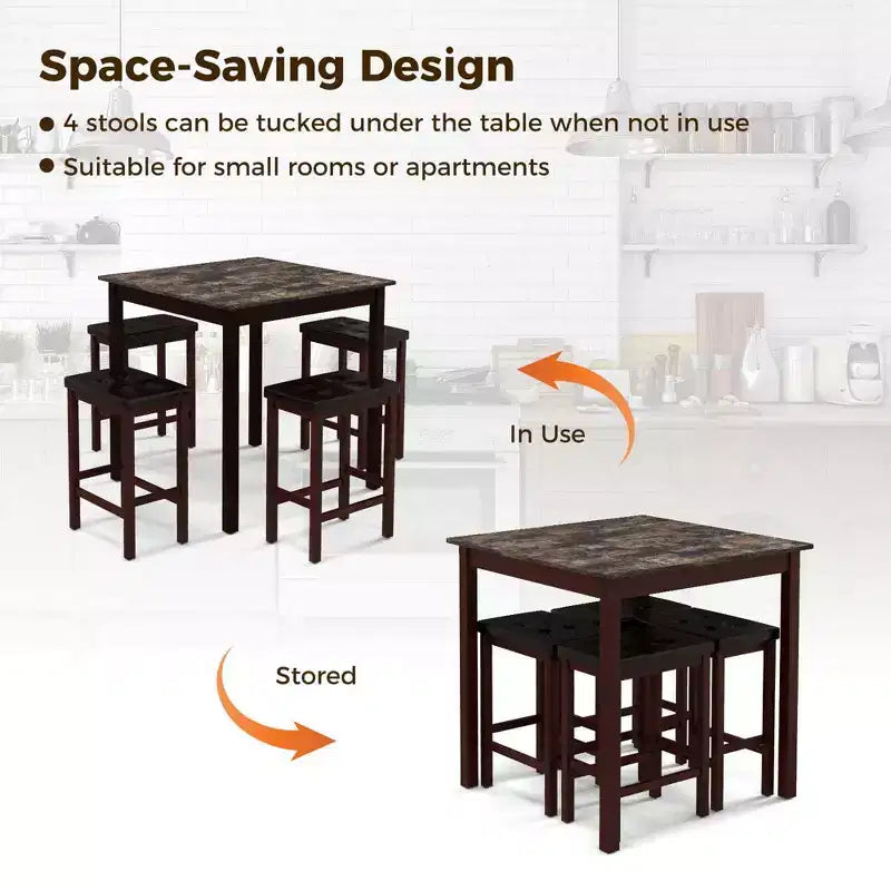 Costway 5 PCS Bar Table Set Square Dining Table & 4 PVC Leather Upholstered Bar Stools Brown/White