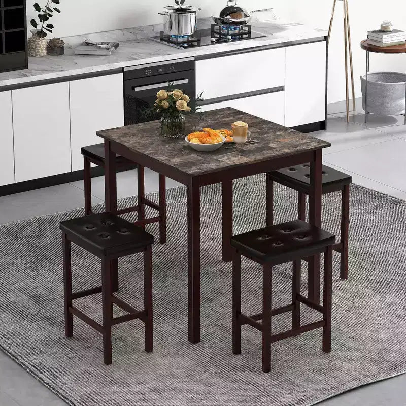 Costway 5 PCS Bar Table Set Square Dining Table & 4 PVC Leather Upholstered Bar Stools Brown/White
