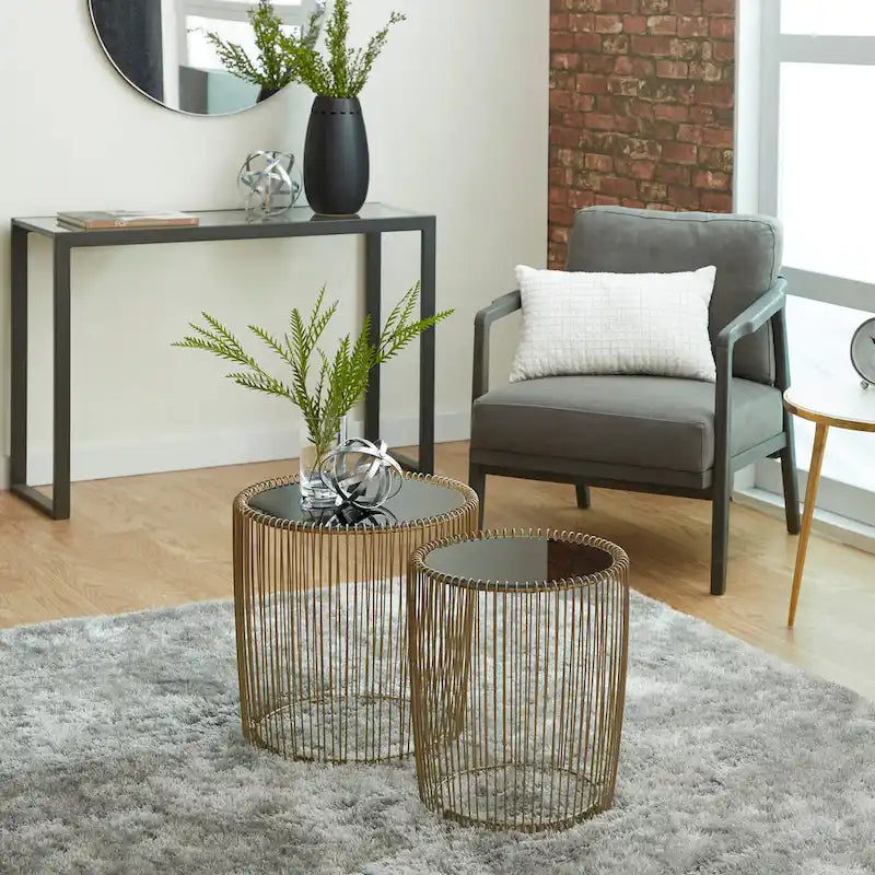 Tables d'appoint en métal avec plateau en verre teinté – Lot de 2 dorées – 46x46x46 cm