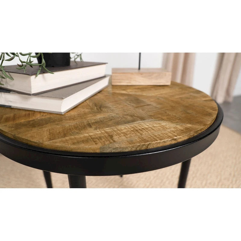 Table d'appoint ronde plateau en bois manguier naturel et noir