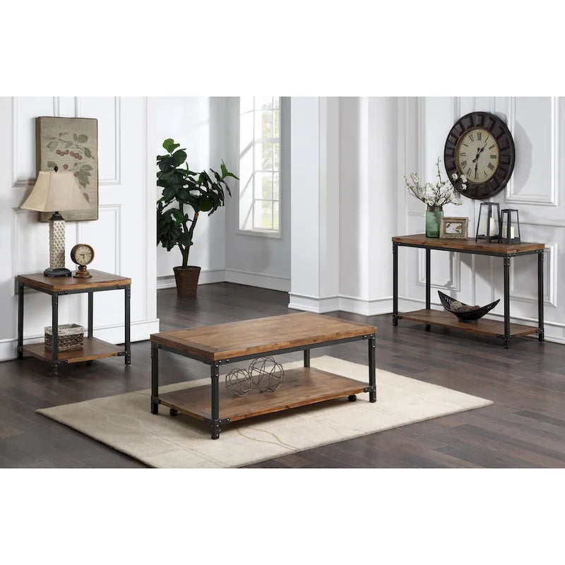 Table basse industrielle en bois et métal avec roulettes