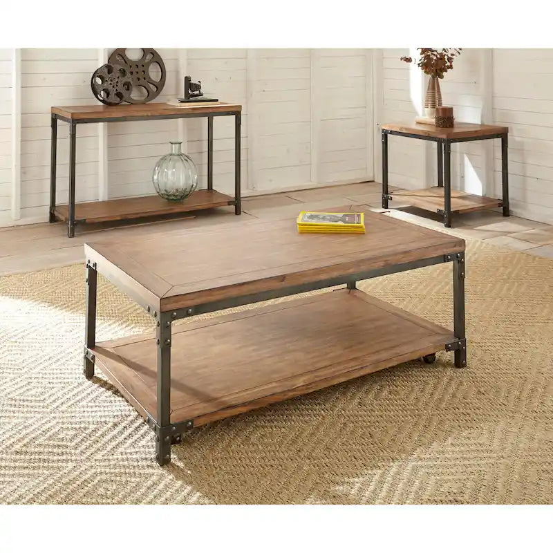 Table basse industrielle en bois et métal avec roulettes