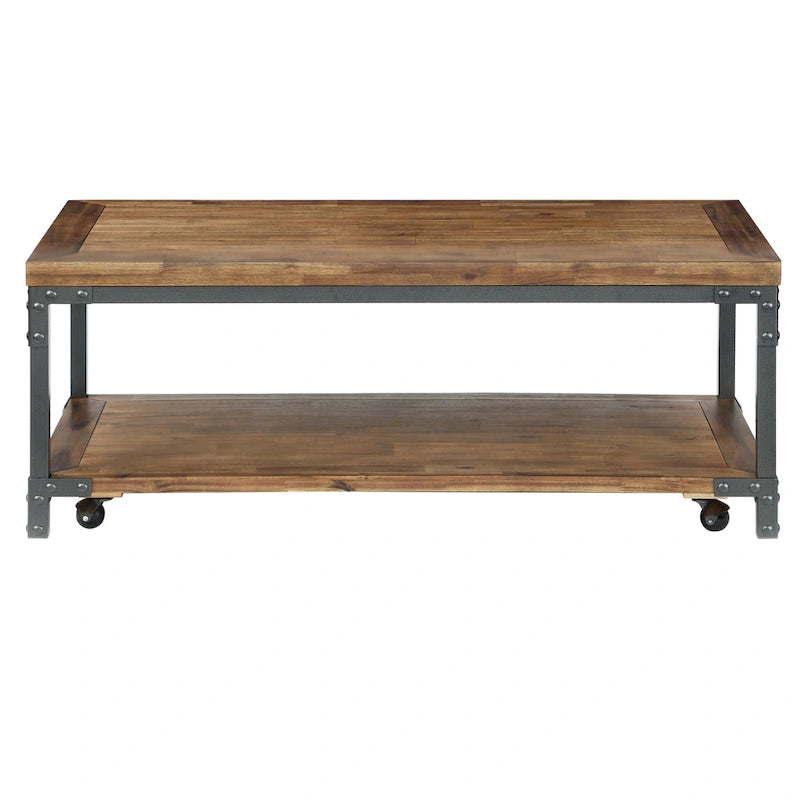 Table basse industrielle en bois et métal avec roulettes