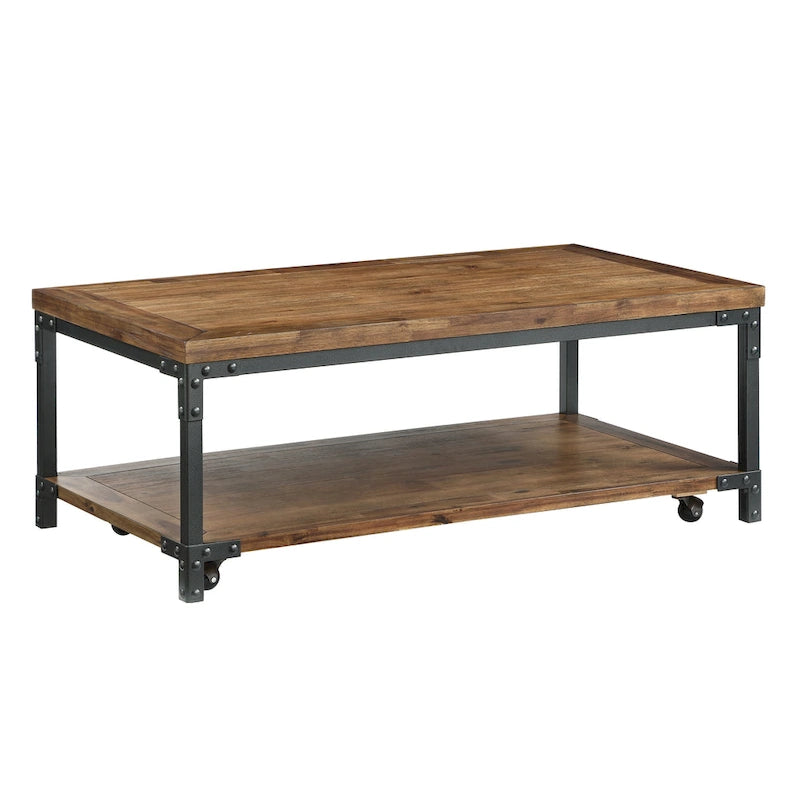 Table basse industrielle en bois et métal avec roulettes