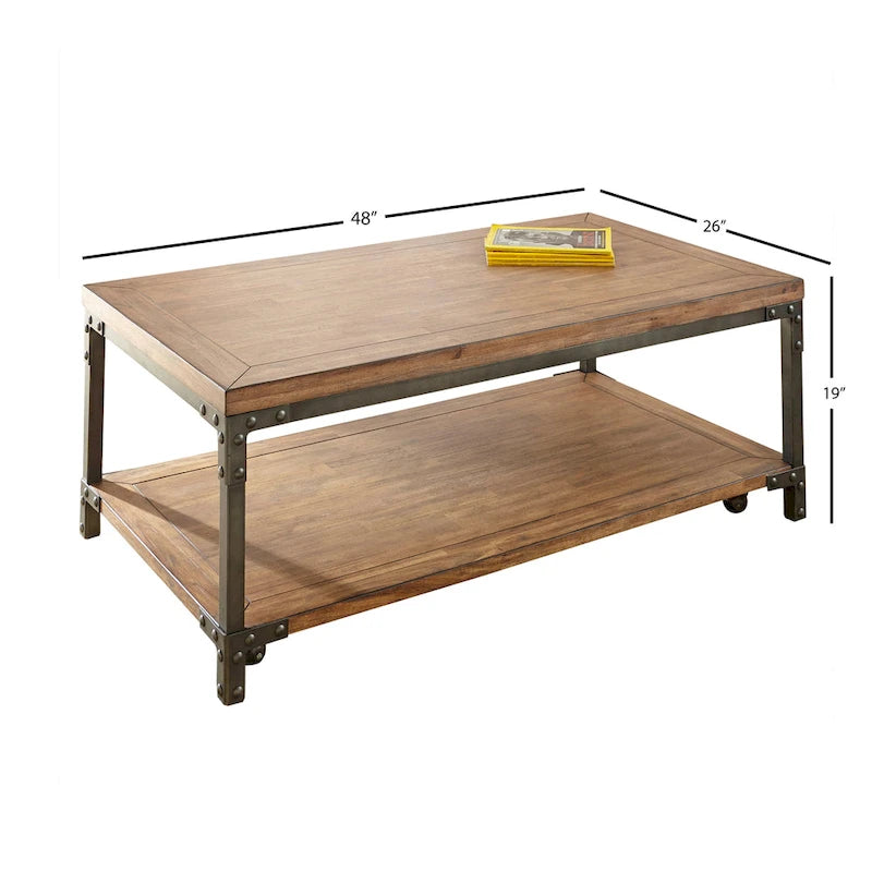 Table basse industrielle en bois et métal avec roulettes