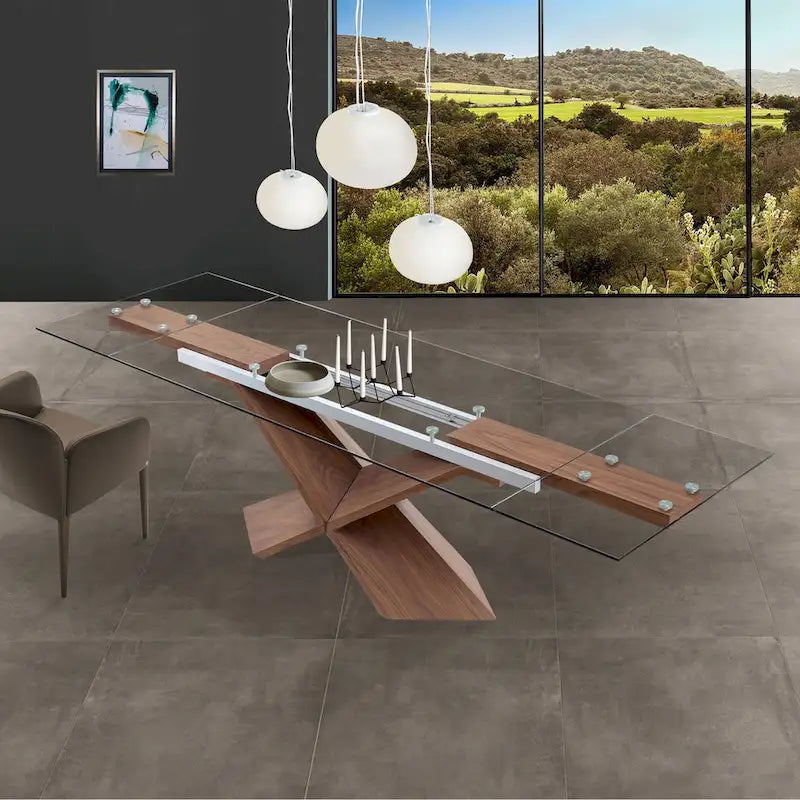 Table à manger extensible en verre transparent et pieds en bois - 106/70,87*35,43*30 pouces