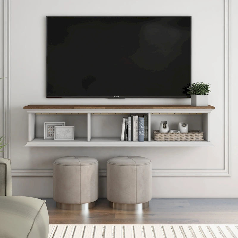 Meuble TV mural flottant blanc transitionnel à 3 étagères de 160 cm