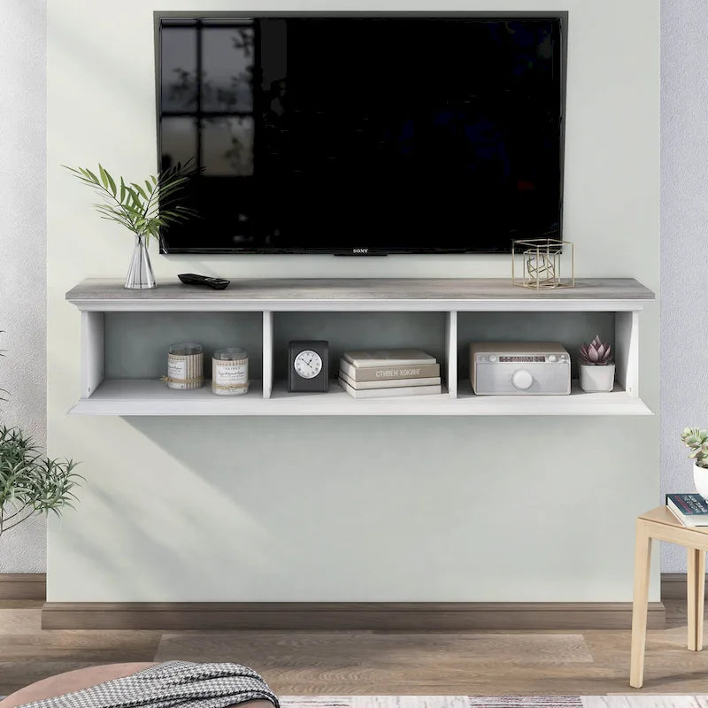 Meuble TV mural flottant blanc transitionnel à 3 étagères de 160 cm
