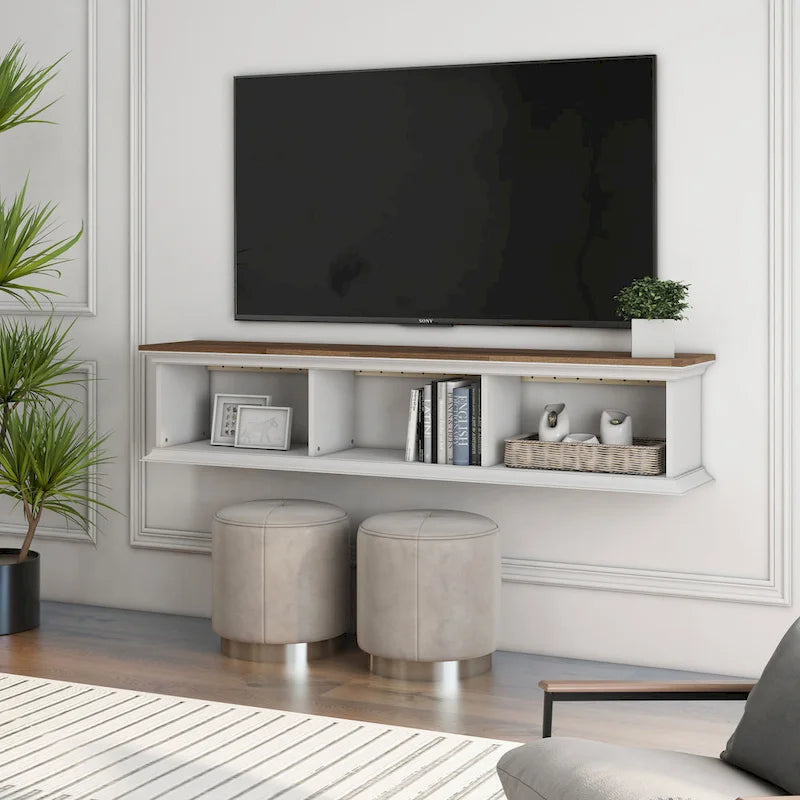 Meuble TV mural flottant blanc transitionnel à 3 étagères de 160 cm