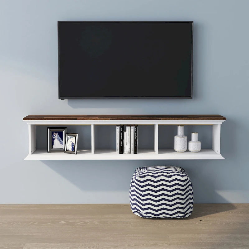 Meuble TV mural flottant blanc transitionnel à 3 étagères de 160 cm