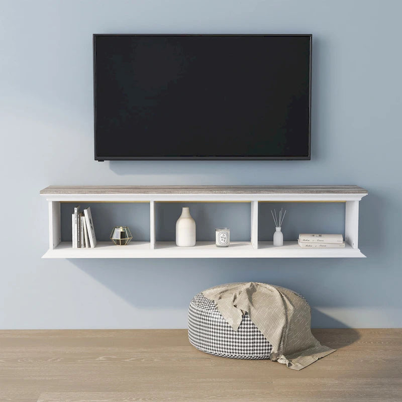 Meuble TV mural flottant blanc transitionnel à 3 étagères de 160 cm