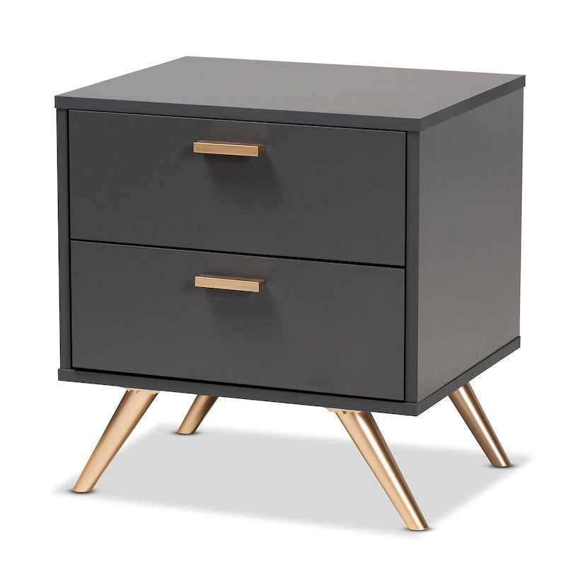 Table de chevet moderne en bois gris foncé et doré à 2 tiroirs