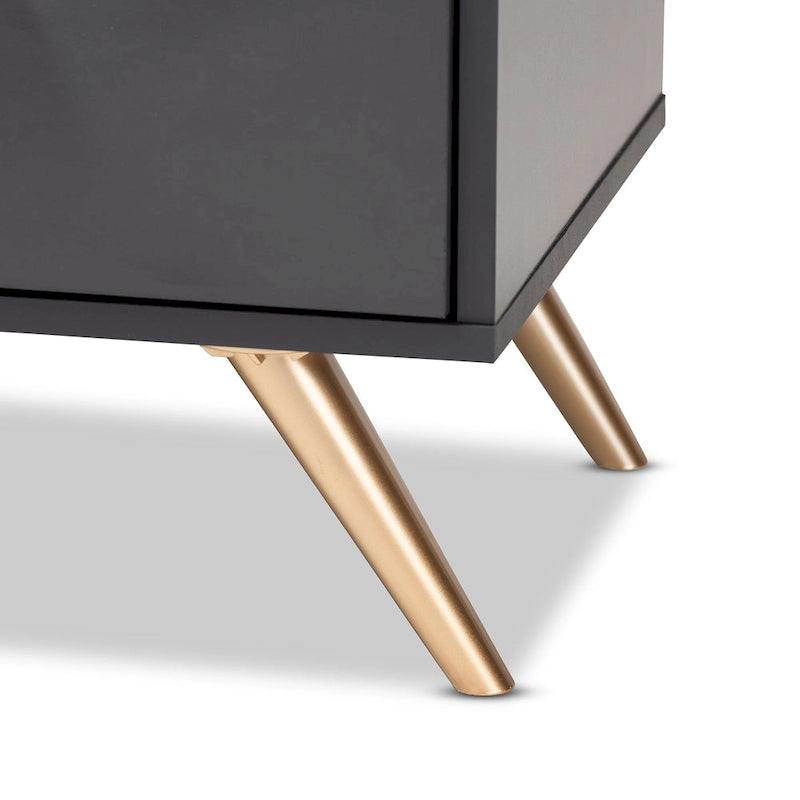 Table de chevet moderne en bois gris foncé et doré à 2 tiroirs