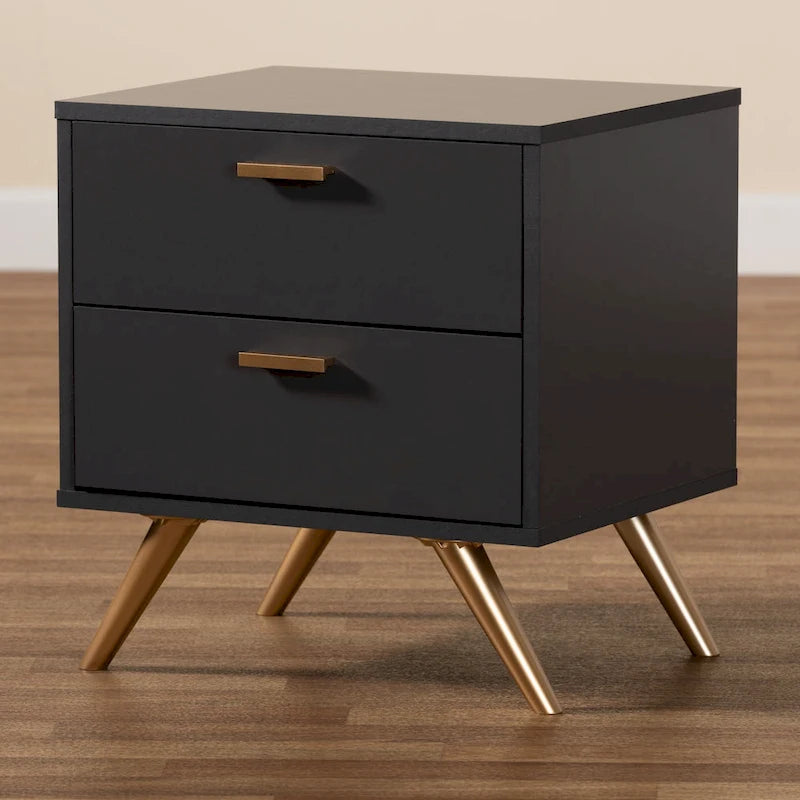 Table de chevet moderne en bois gris foncé et doré à 2 tiroirs