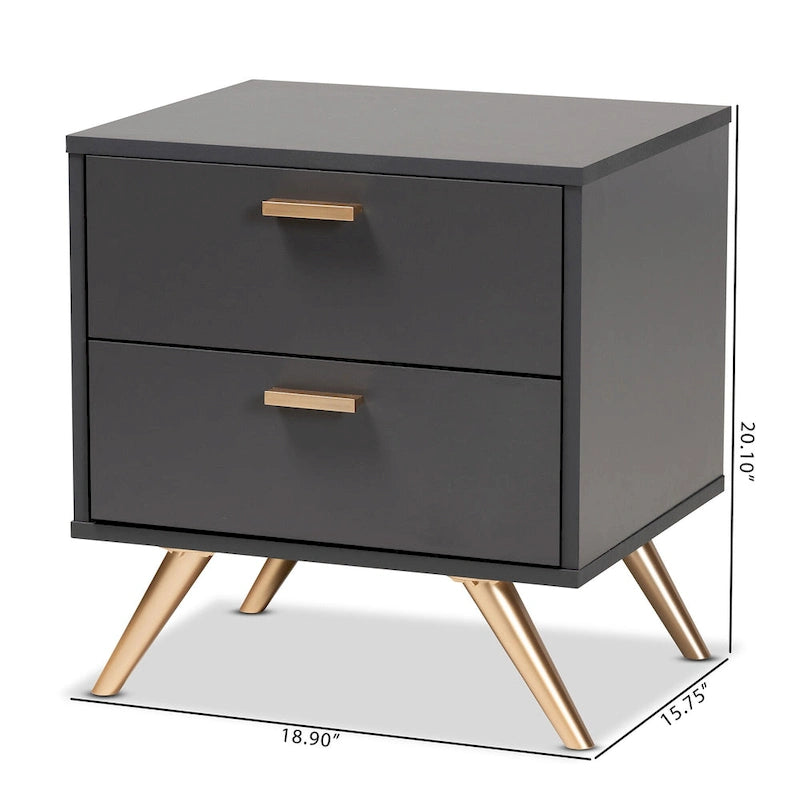 Table de chevet moderne en bois gris foncé et doré à 2 tiroirs