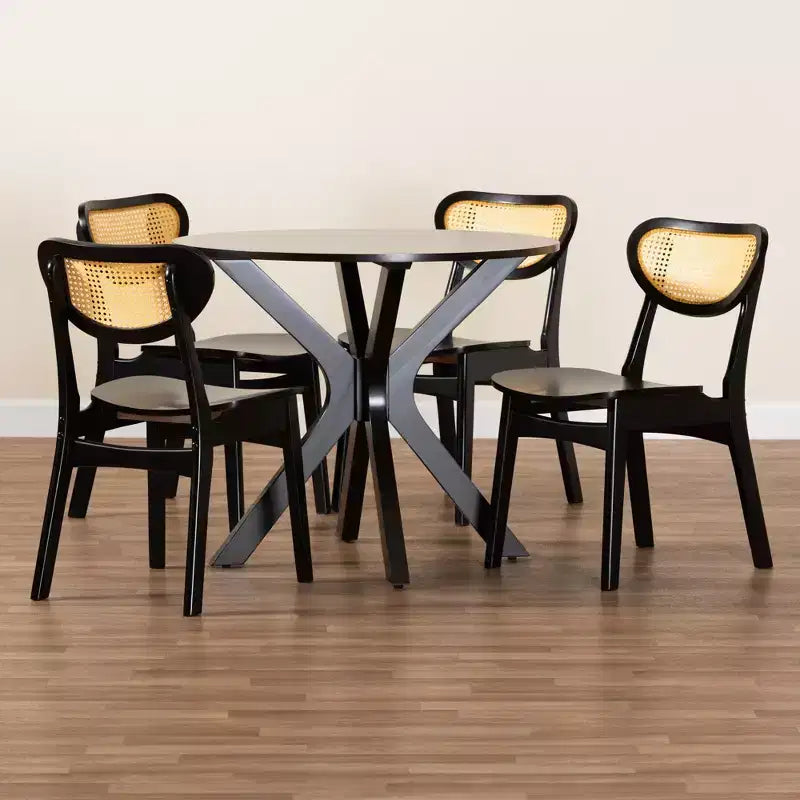 Baxton Studio Giuliana Mid-Century Wood and Woven Rattan 5-Piece Dining Set