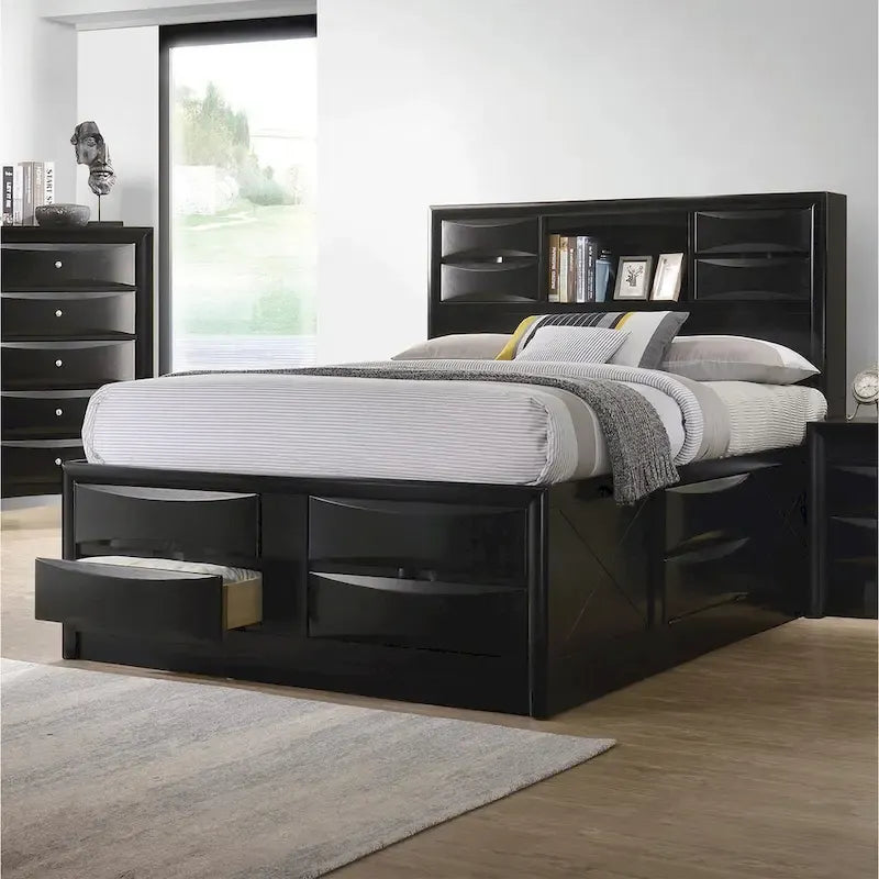 Lit en bois avec tiroirs de rangement noir