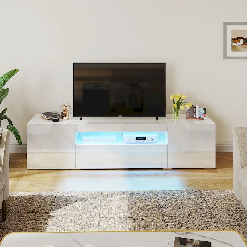 Meuble TV en bois brillant de 70 pouces avec LED, console multimédia, centre de divertissement
