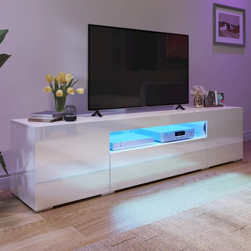 Meuble TV en bois brillant de 70 pouces avec LED, console multimédia, centre de divertissement