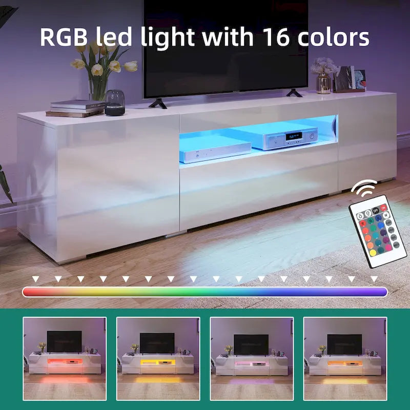 Meuble TV en bois brillant de 70 pouces avec LED, console multimédia, centre de divertissement