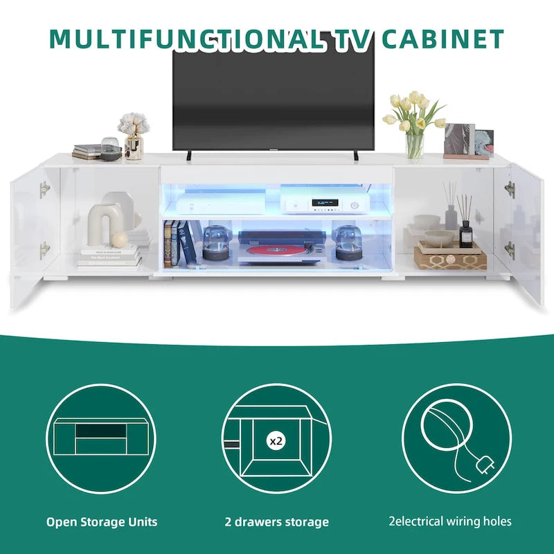 Meuble TV en bois brillant de 70 pouces avec LED, console multimédia, centre de divertissement