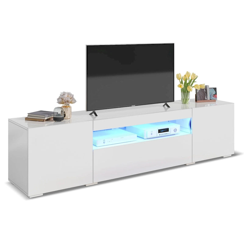 Meuble TV en bois brillant de 70 pouces avec LED, console multimédia, centre de divertissement