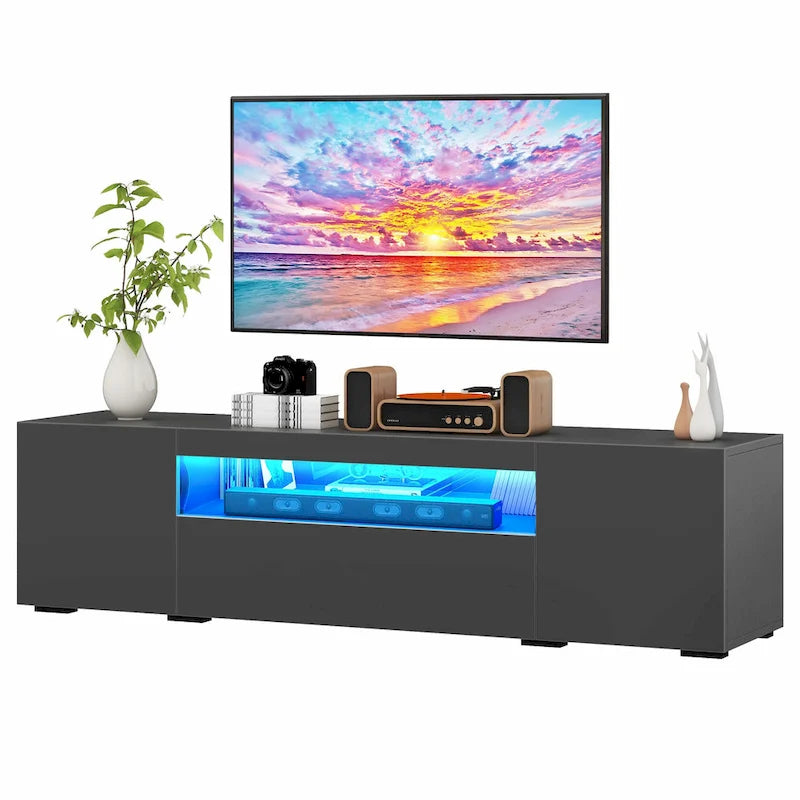 Meuble TV en bois brillant de 70 pouces avec LED, console multimédia, centre de divertissement