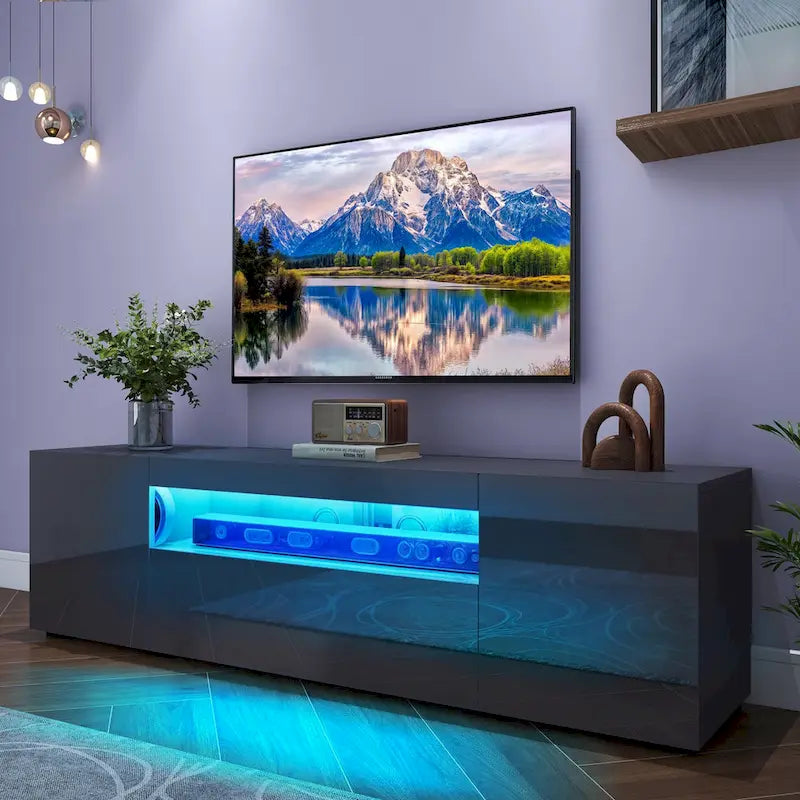 Meuble TV en bois brillant de 70 pouces avec LED, console multimédia, centre de divertissement