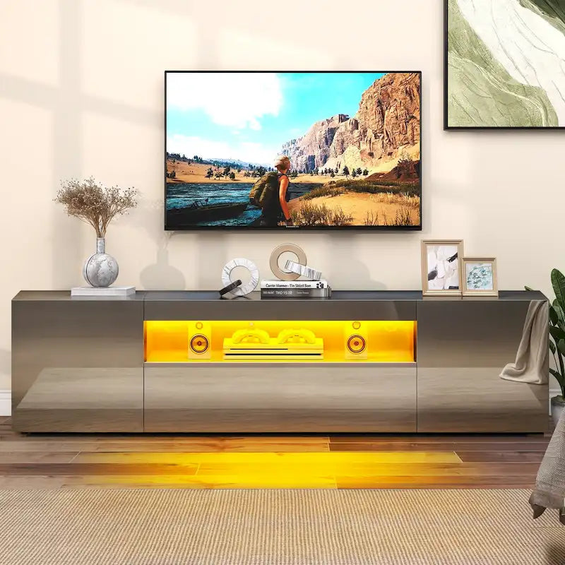Meuble TV en bois brillant de 70 pouces avec LED, console multimédia, centre de divertissement