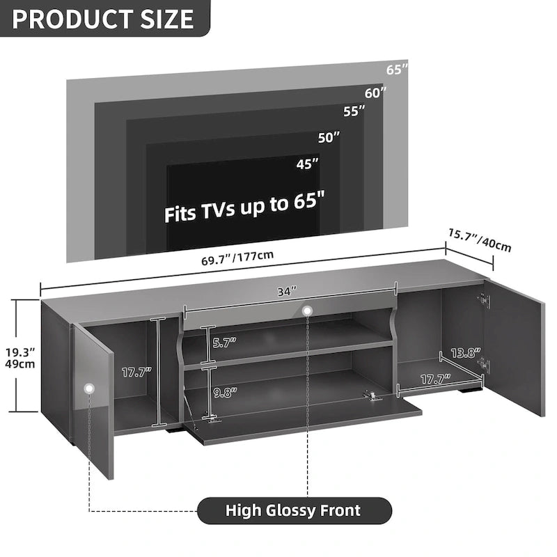 Meuble TV en bois brillant de 70 pouces avec LED, console multimédia, centre de divertissement