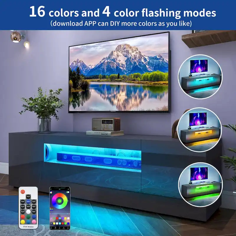 Meuble TV en bois brillant de 70 pouces avec LED, console multimédia, centre de divertissement