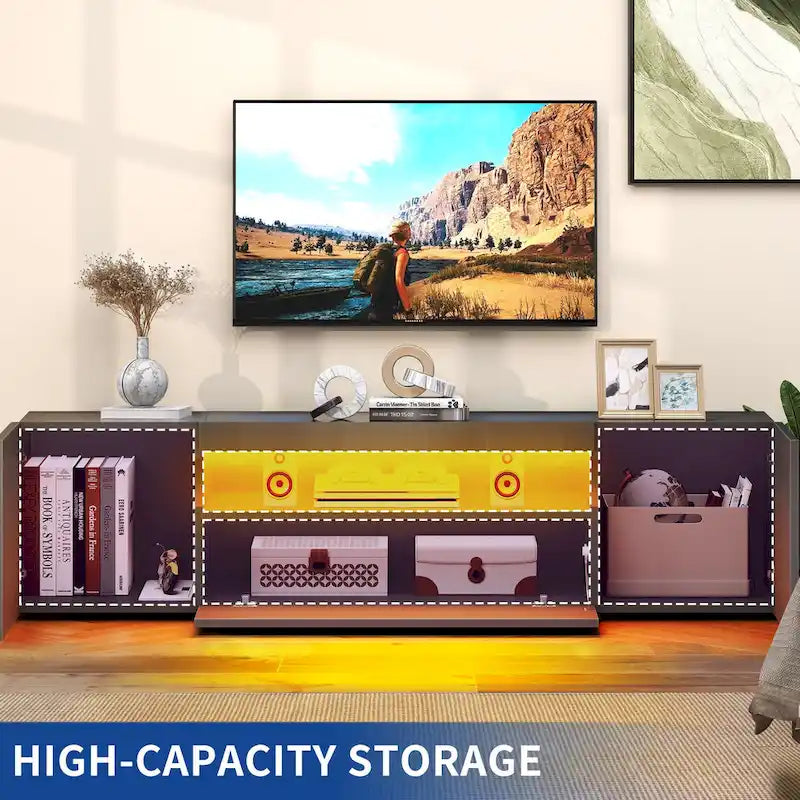 Meuble TV en bois brillant de 70 pouces avec LED, console multimédia, centre de divertissement